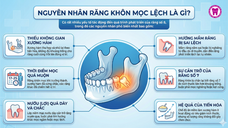 Nguyên nhân răng khôn mọc lệch là gì? Nguyên nhân răng khôn mọc lệch là gì?