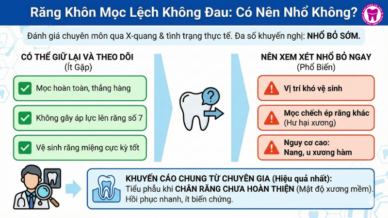 Răng khôn mọc lệch nhưng không đau có nên nhổ không? Răng khôn mọc lệch nhưng không đau có nên nhổ không?