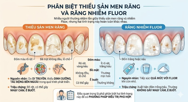 Thiểu sản men răng: Nguyên nhân, dấu hiệu và cách điều trị 4 Sự khác nhau giữa thiểu sản men răng và răng nhiễm Fluor