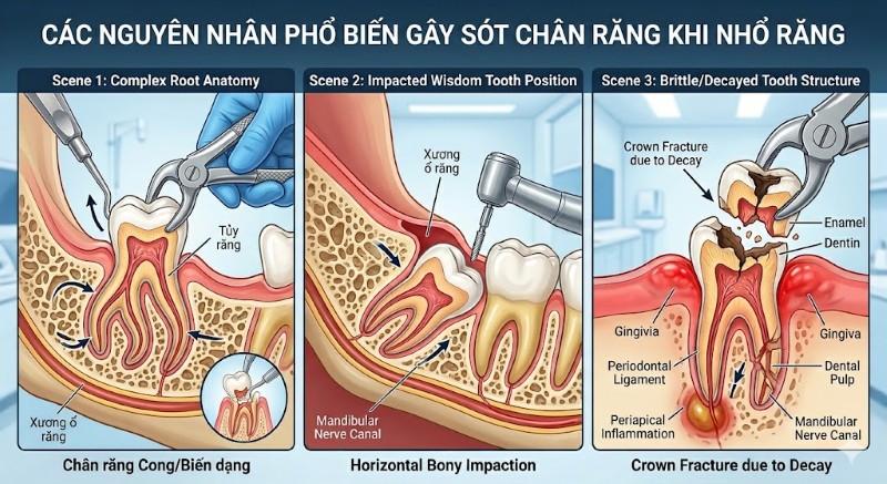 Nhổ răng còn sót chân răng có sao không? Cách xử lý an toàn 2 Một số nguyên nhân dẫn đến tình trạng bị sót chân răng khi nhổ