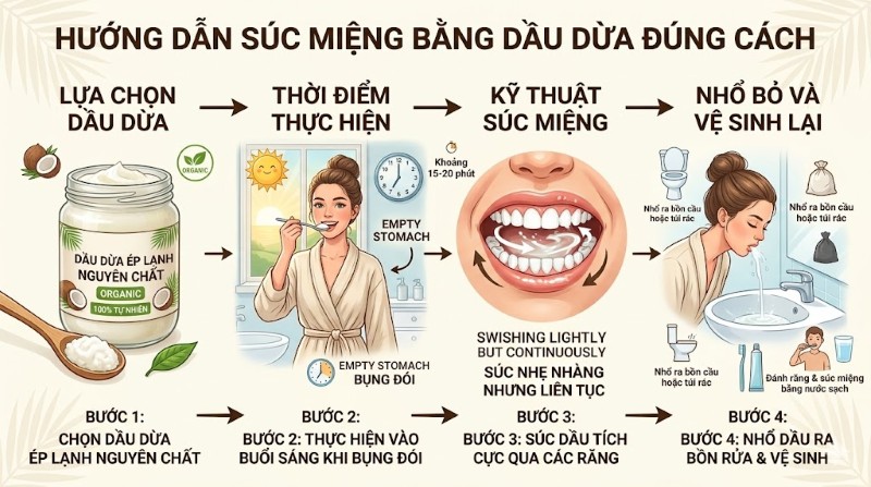Súc miệng bằng dầu dừa: Tác dụng, cách làm và lưu ý y khoa 6 4 bước súc miệng với dầu dừa mang lại hiệu quả cao nhất