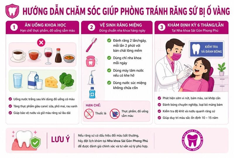 Hướng dẫn cách chăm sóc giúp phòng tránh răng sứ bị ố vàng Hướng dẫn cách chăm sóc giúp phòng tránh răng sứ bị ố vàng